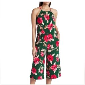 Maggy London Lottie Wide Leg Knit Crop Jumpsuit Jumper Size 4 Green Red Floral
